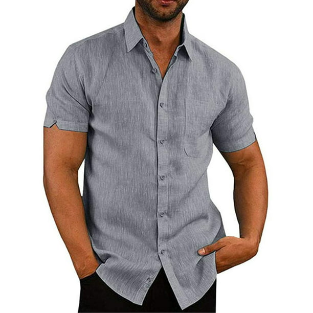 Mens Regular Fit Cotton Casual Button Down Shirt Short Sleeve Dress Shirts 